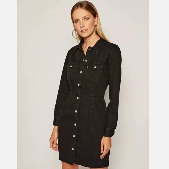 NWT Levis Ellie Denim Dress Womens Small Black Long Sleeve Button - Picture 1 of 12
